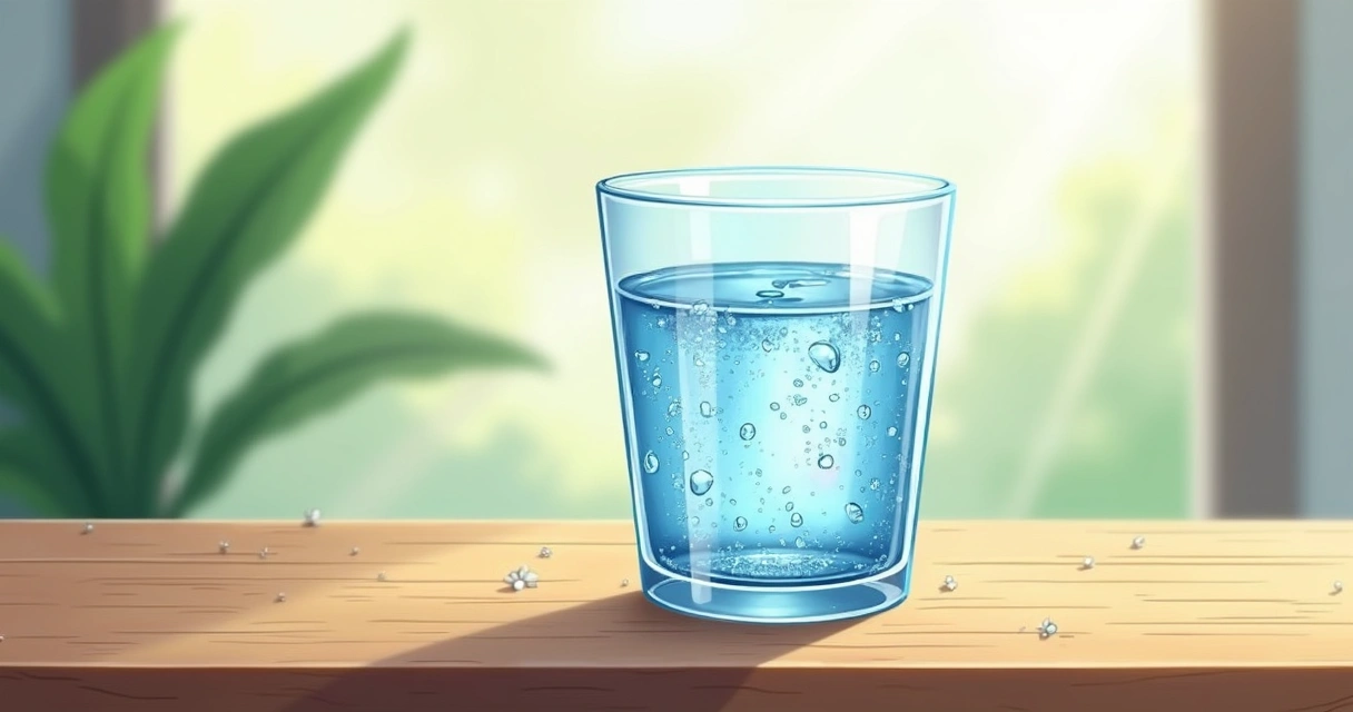 Copo com água fresca e gotas de condensação na mesa 