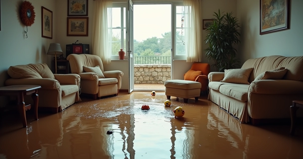 Água e lama a invadir sala de casa no Algarve 