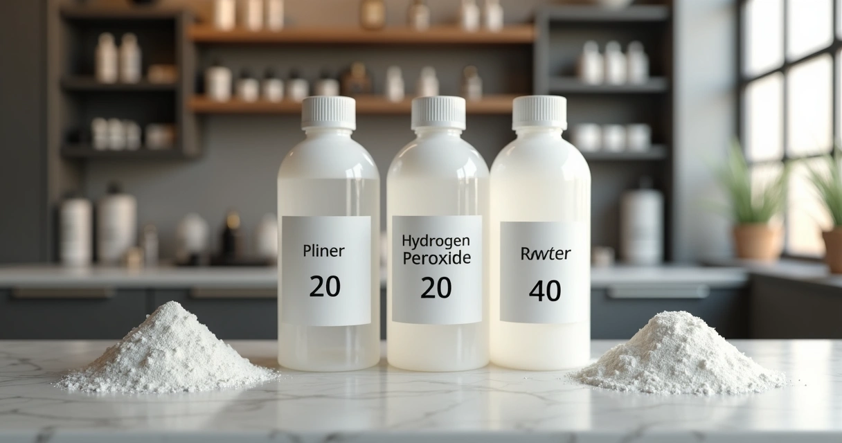 Diversos volumes de água oxigenada em bancada de salão de beleza 