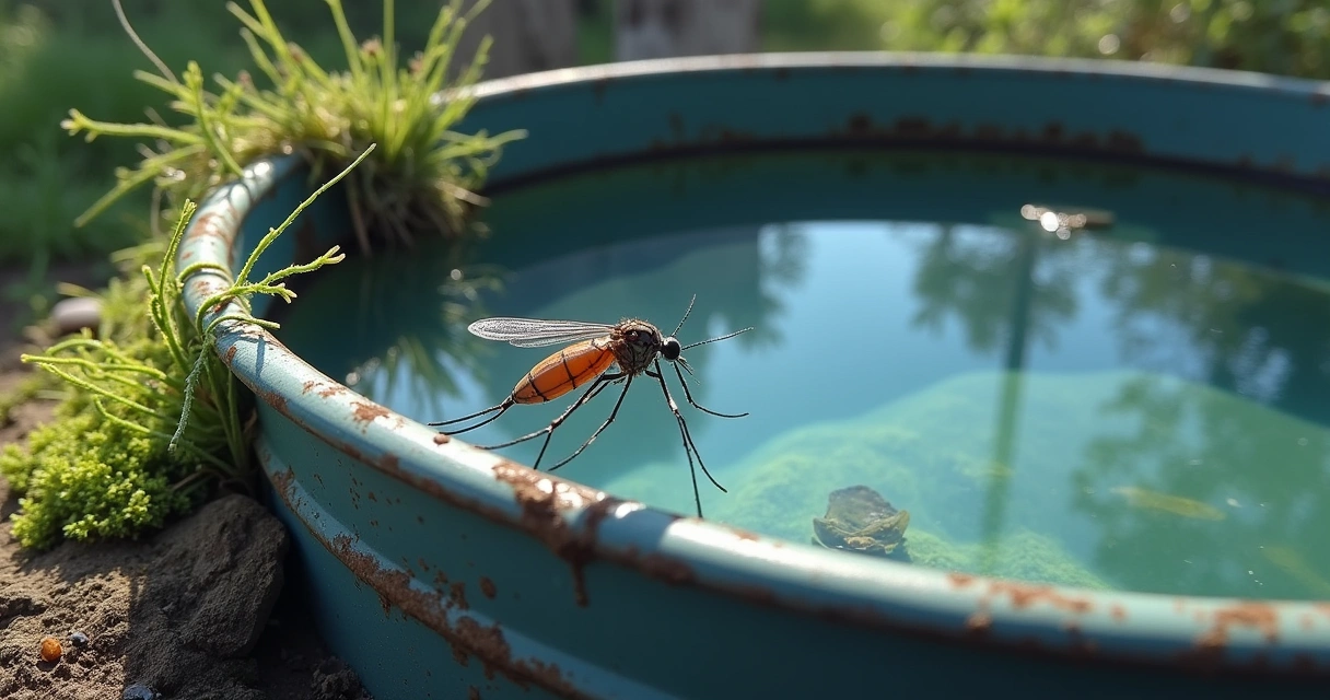 Caixa d’água destampada com água parada e mosquito 