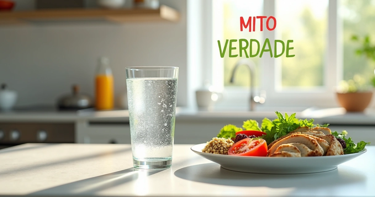 Copo de água ao lado de prato saudável com frases mito e verdade 