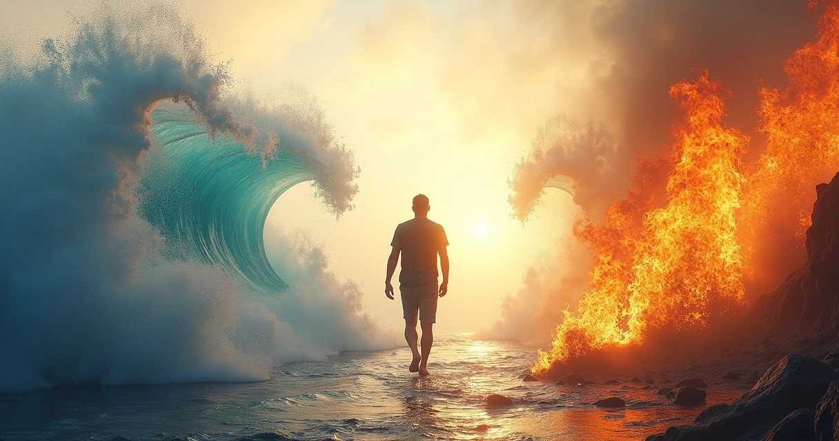 Representação artística de água e fogo juntos sem causar destruição