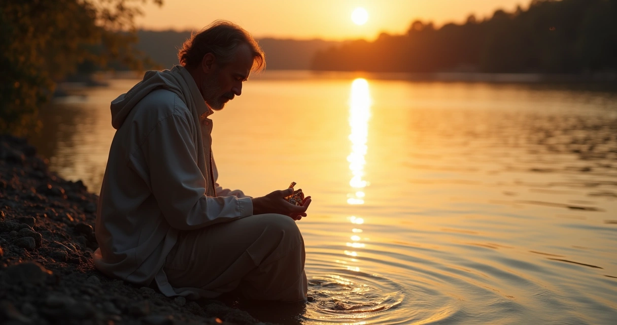 Pessoa sentada perto d'água em momento contemplativo durante ritual 