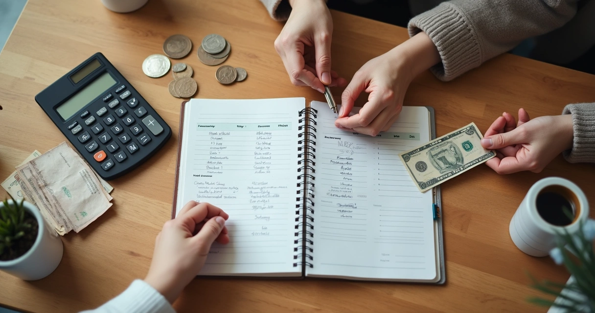 Libreta de presupuesto familiar con manos organizando billetes y monedas