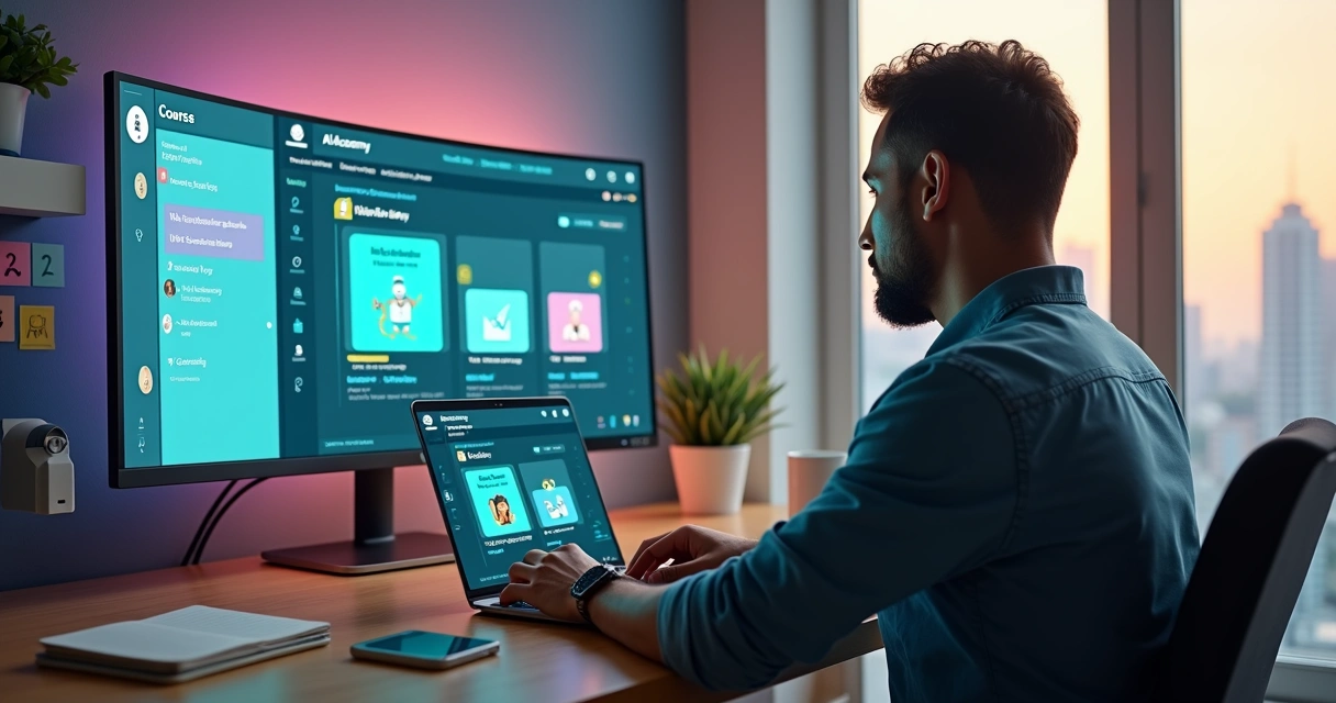 Empresário aprendendo inteligência artificial em plataforma online com visual amigável 