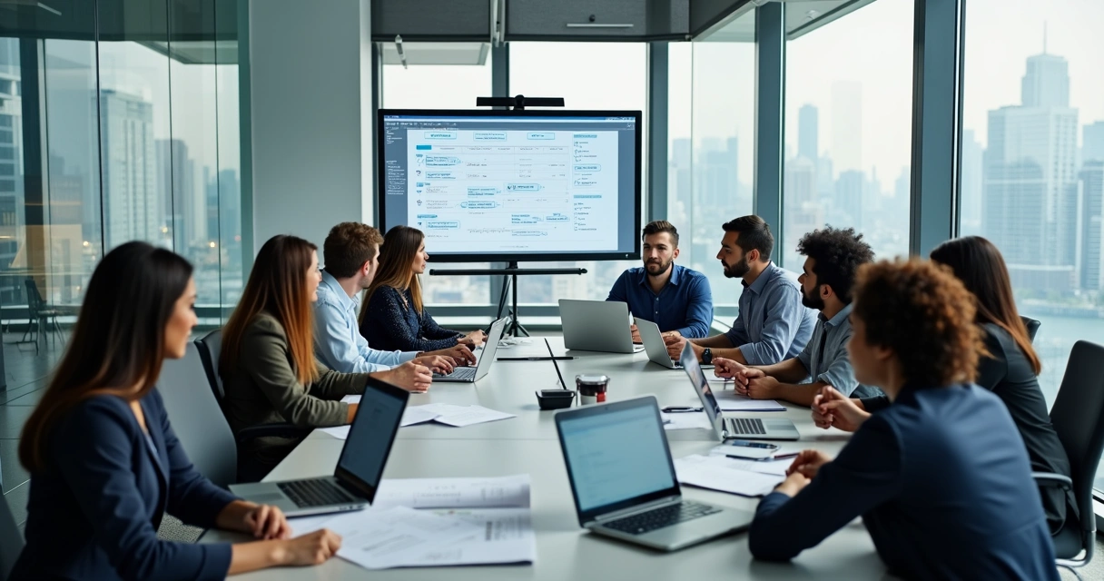 AI compliance team working together in a modern office 