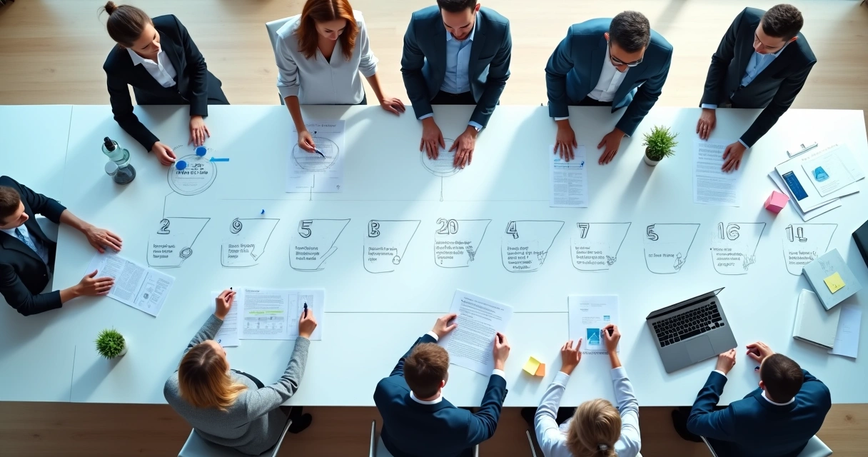 Top view of diverse team mapping AI Act compliance steps on a large blueprint table 
