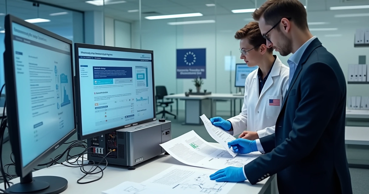 Compliance laboratory checking AI system with EU documents and code screens 