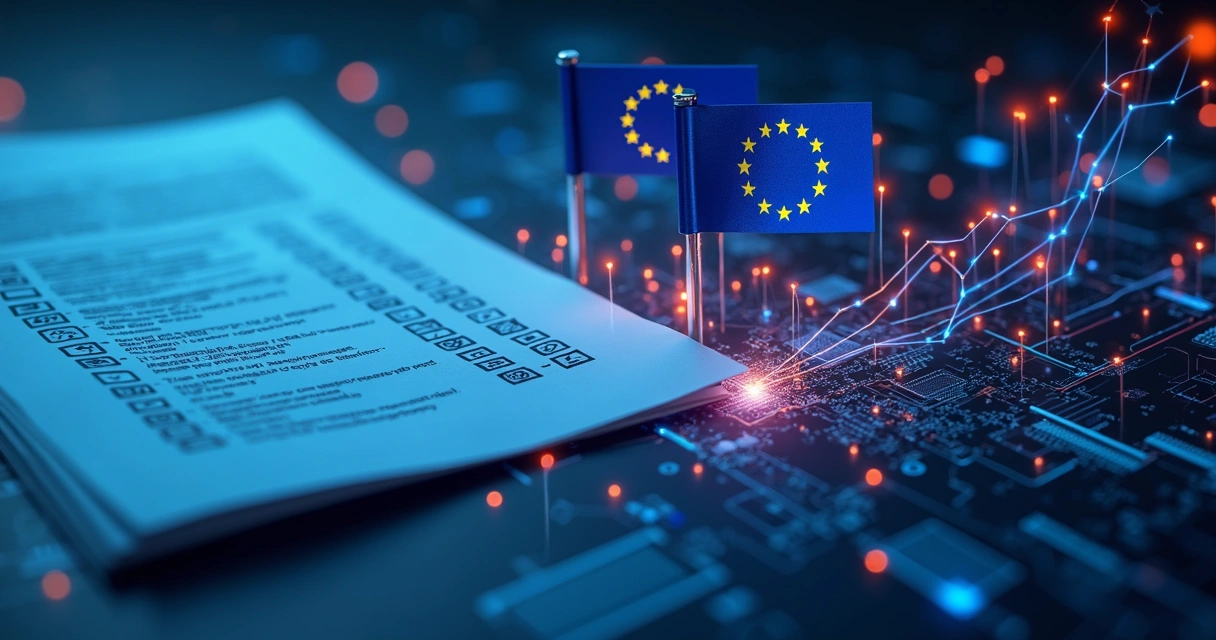 Abstract visualization of AI standards with EU elements and data flows 