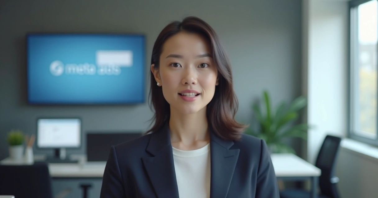 AI-generated actor in professional setting delivering a Meta ad message with branded digital background