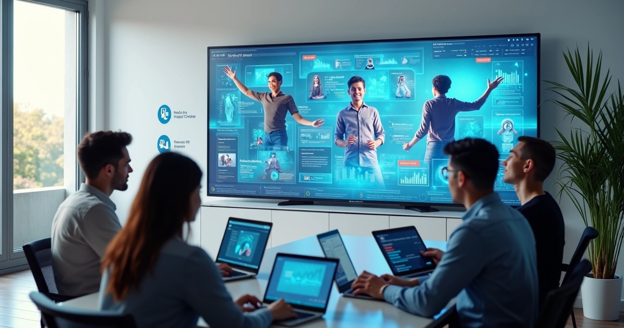 Marketing team using AI actors for Meta Ads video creation on high-resolution screens 