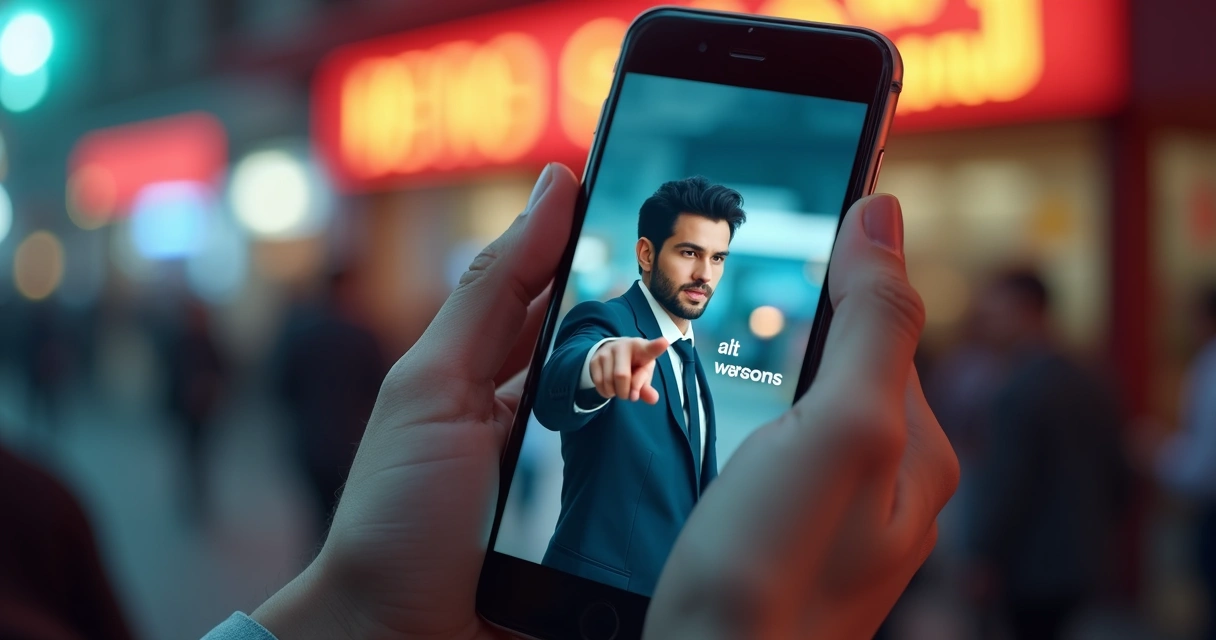 AI-generated actor presenting a video ad on a mobile device