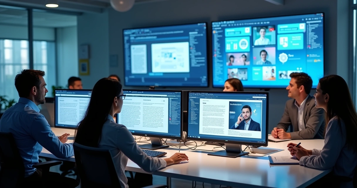 Workflow of AI-powered ad creation with people collaborating and screens showing ad variations 
