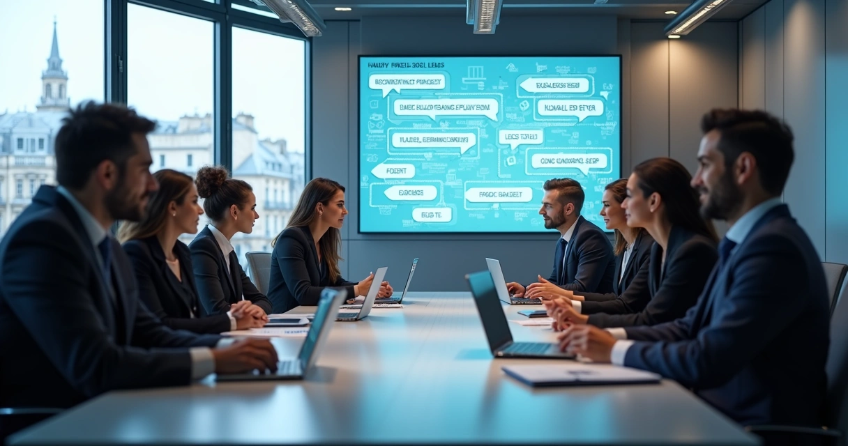 Business team observing AI chat interface at a conference room 