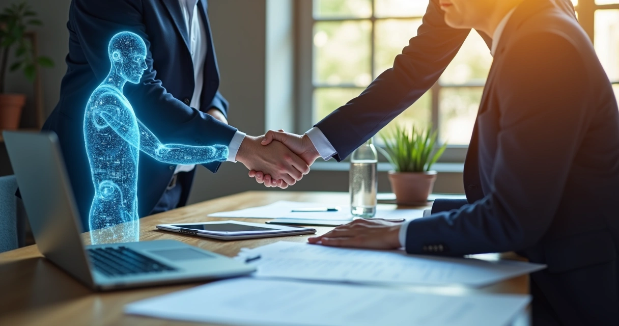 AI digital assistant shaking hands with a salesperson 