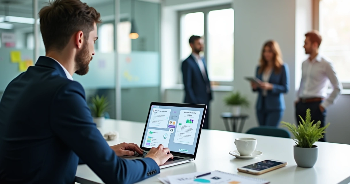 Business user creating a no-code web app with an AI assistant on a laptop screen 