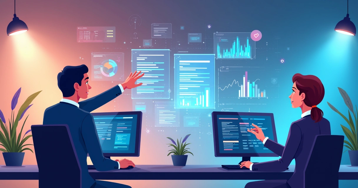 AI analyzing digital contracts on computer screens in a tech office