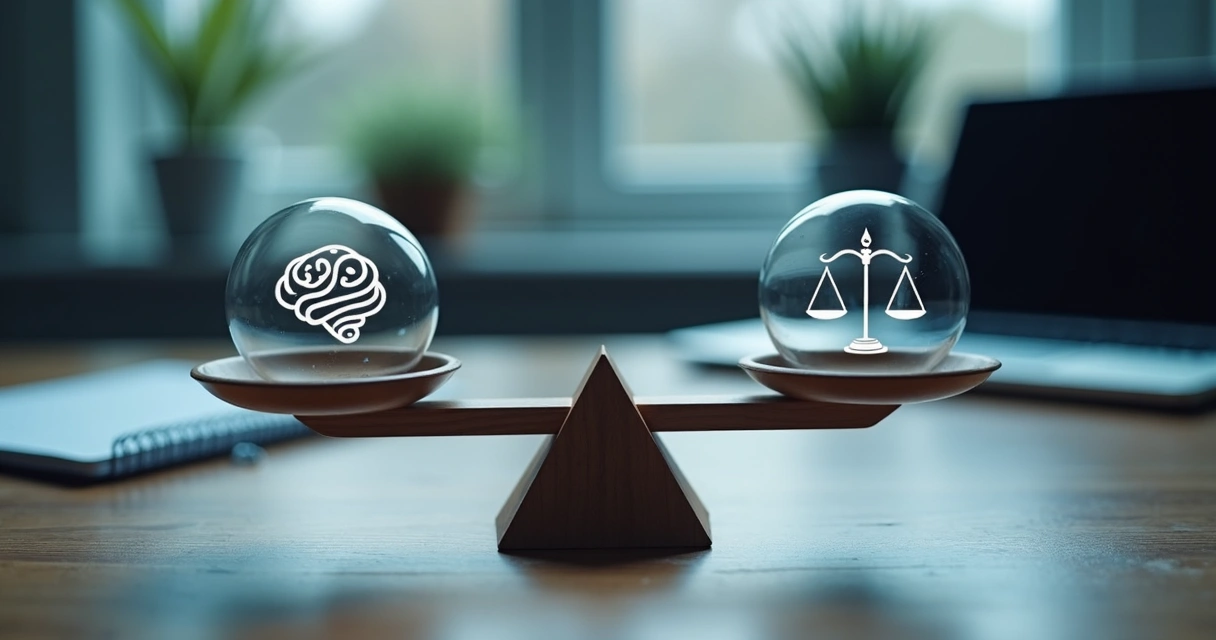 Scales balancing AI and ethics icons