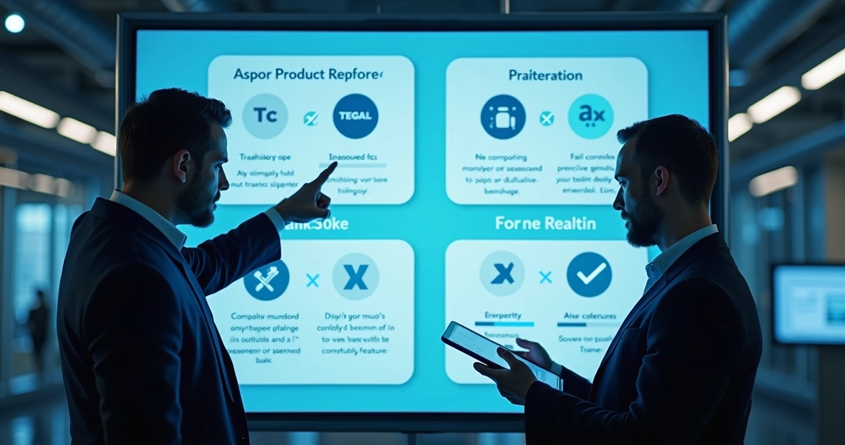 Digital illustration showing two business people looking at floating AI-generated speech bubbles comparing their brands