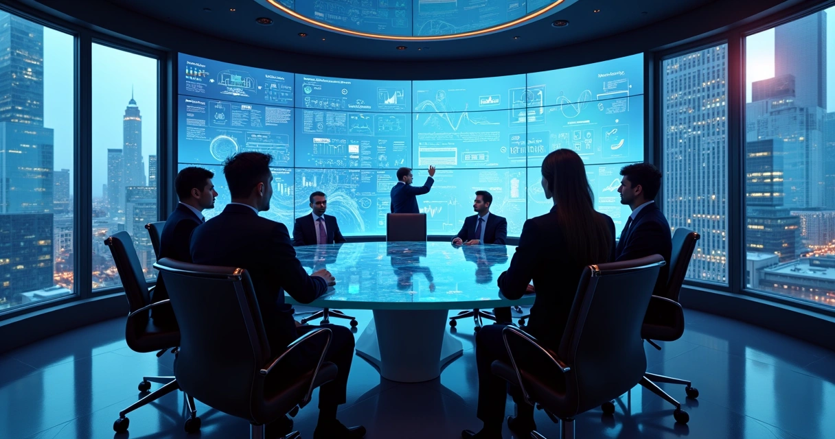 AI and business team collaborating with flow diagrams on digital displays 