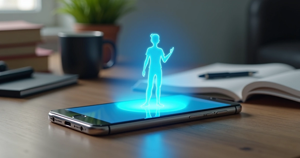 Cellphone showing AI holographic assistant avatar hovering above 