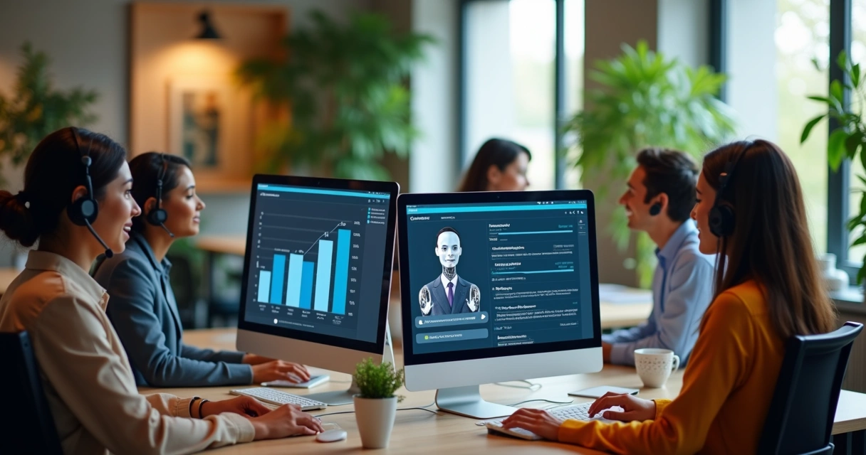 Team with chatbot assistant at customer support office 