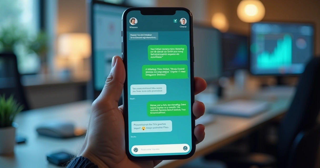 Smartphone screen showing a WhatsApp conversation with AI chatbot automating customer service replies 