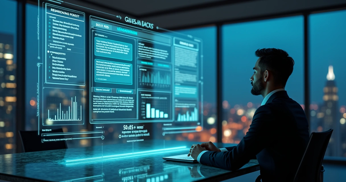 Marketing leader reviewing AI chatbot brand insights on futuristic dashboard 