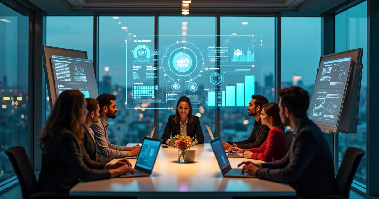 Business team discussing AI integration in modern office 