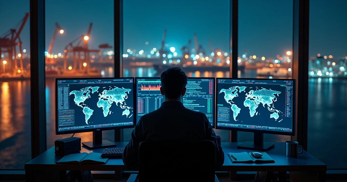 Trader at night workstation using AI interface to analyze global commodity flows 