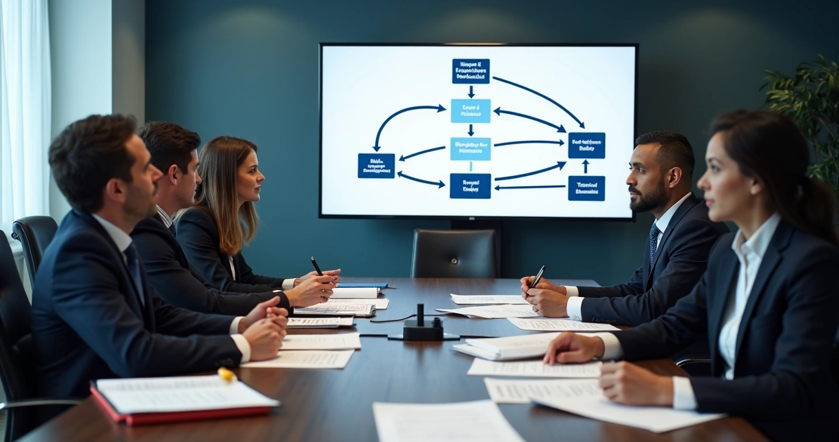 Business team analyzing documents and digital screens showing AI conformity flowchart 