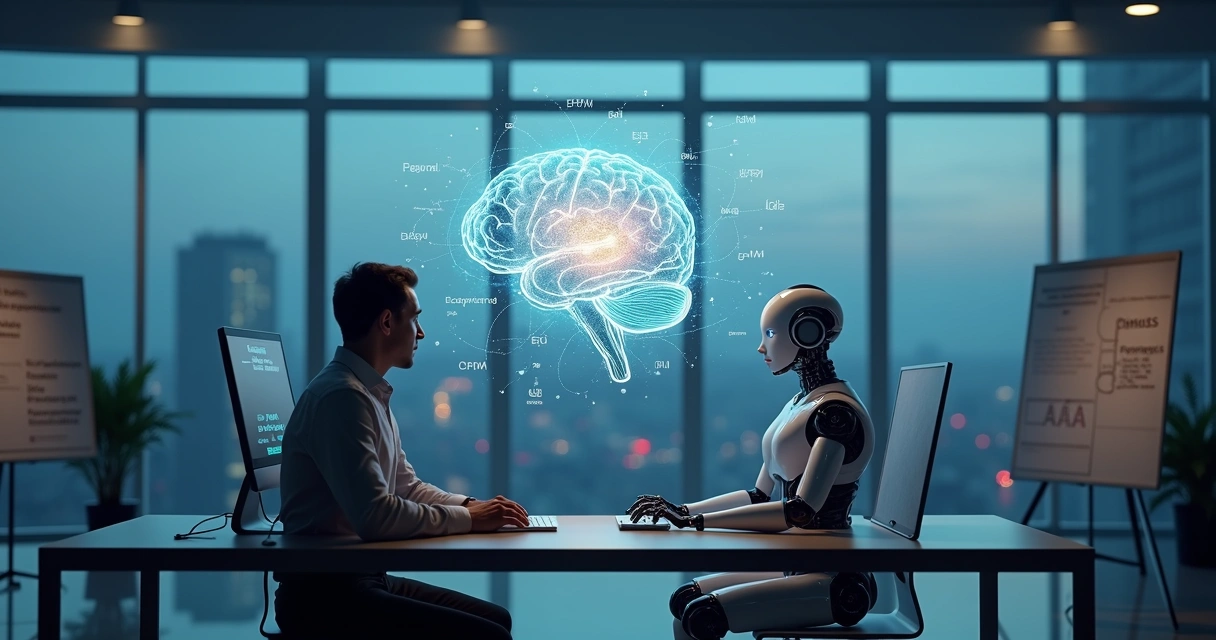 Human researcher and humanoid AI facing each other in a dimly lit lab with neural network projections between them 