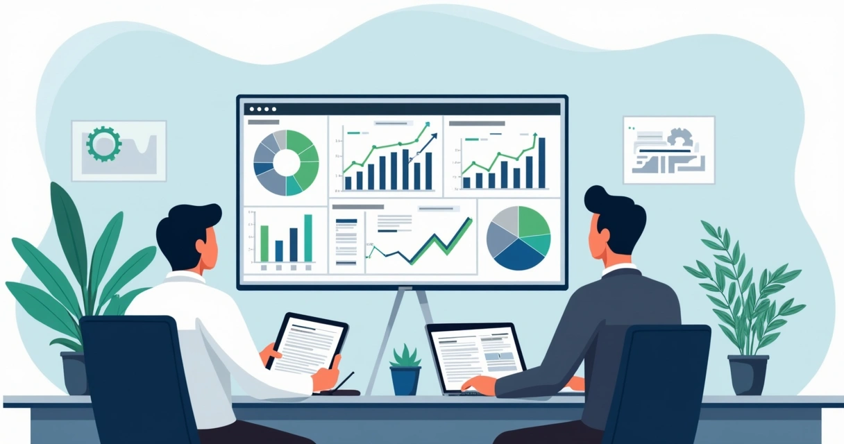 Flat illustration showing contract management dashboard with analytical graphs, legal symbols, and AI icons in a modern office environment. 