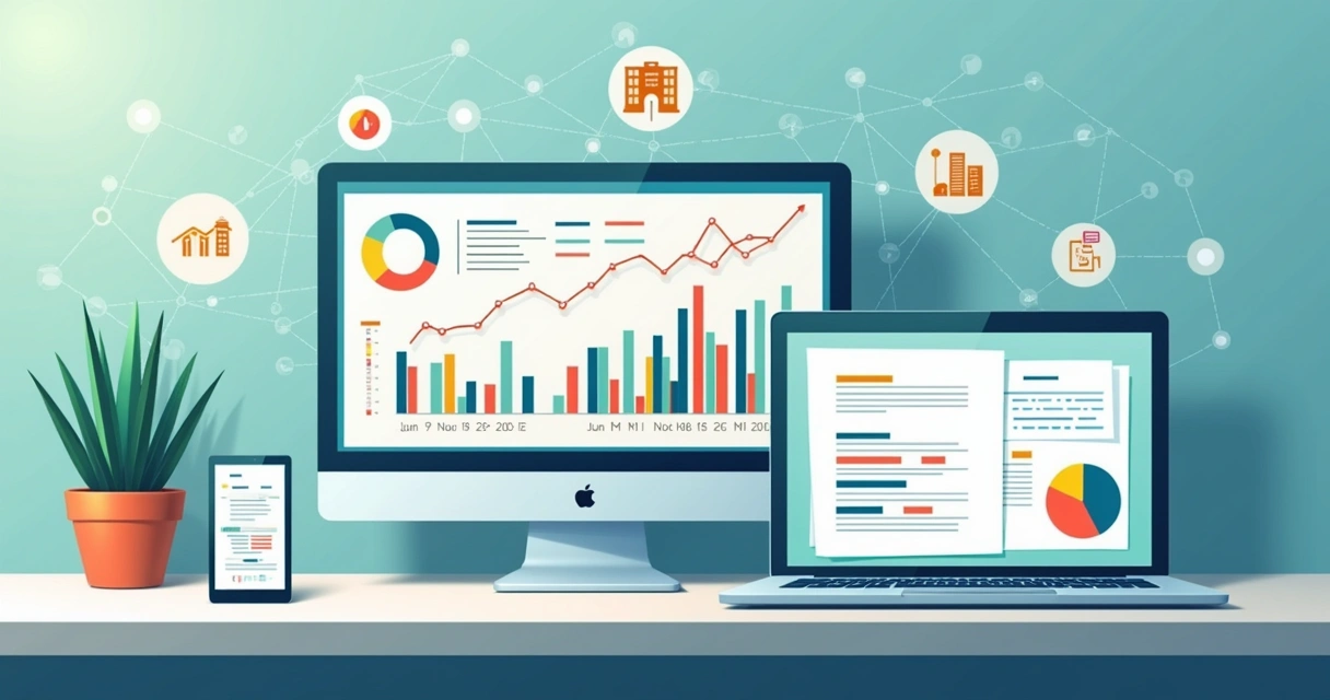 AI contract management dashboard on desktop and tablet with charts and signed documents 