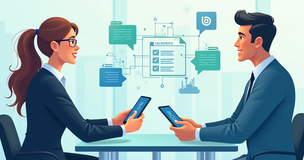 Two businesspeople using AI-powered platform for contract negotiation and digital signing 