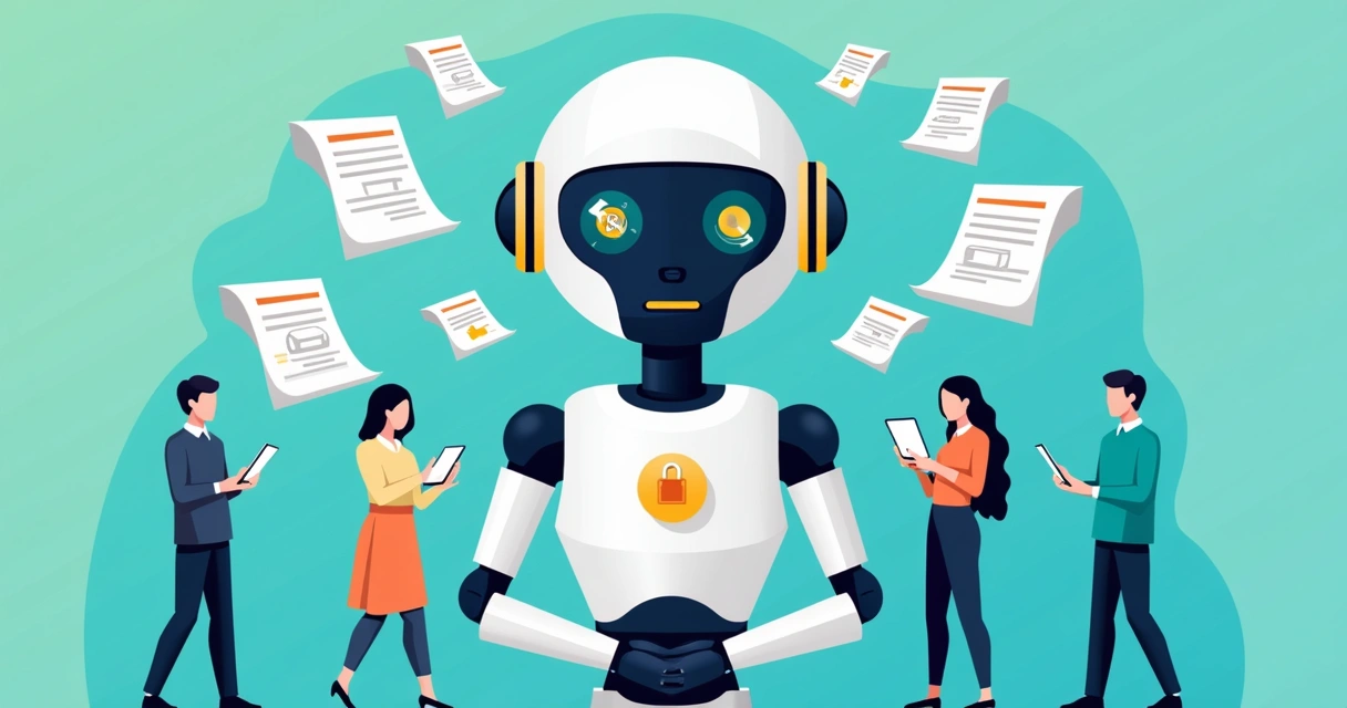 AI analyzing digital contracts with graphs, people, and notification icons
