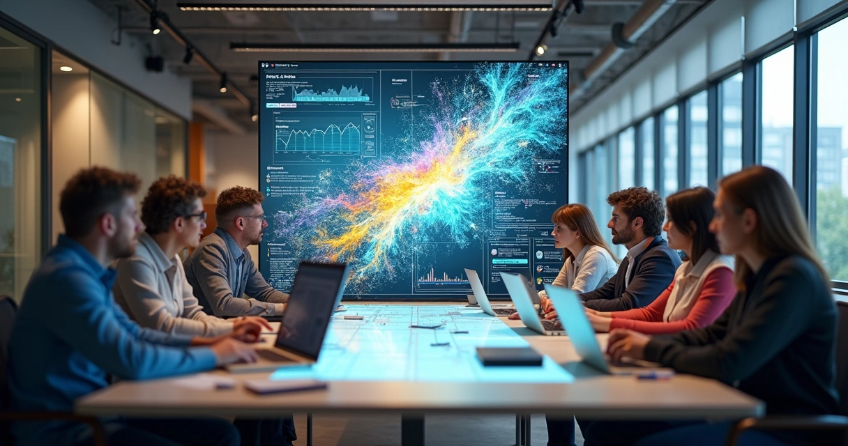 Group of people and AI collaborating around a table 