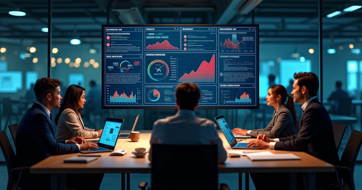 Marketing team reviewing AI crisis alerts on a large analytics dashboard 