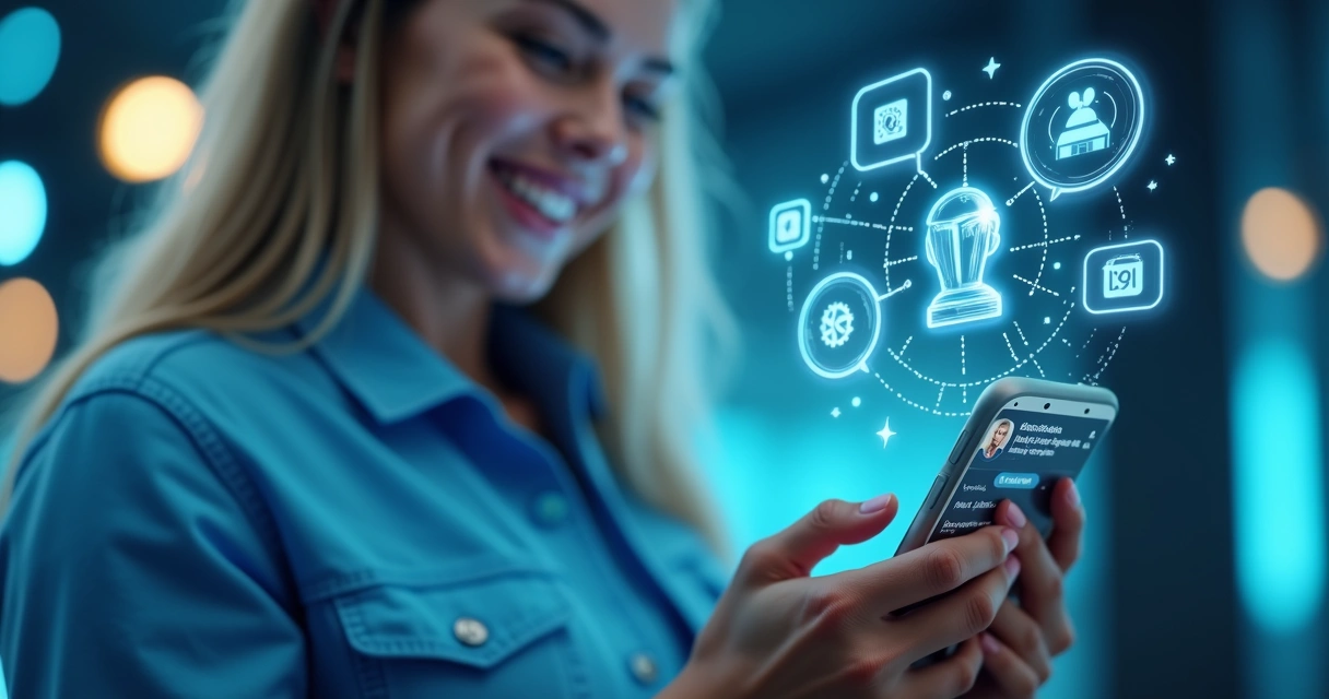 AI chatbot interface with happy customer on phone 