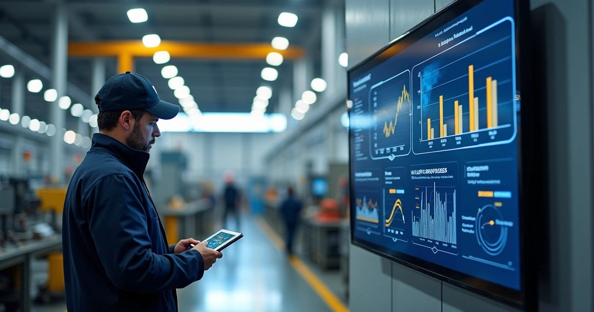 Digital AI dashboard in manufacturing plant showing maintenance alerts 