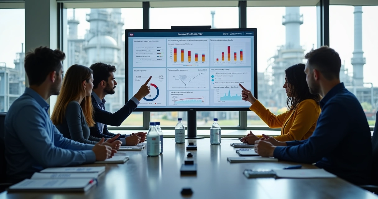 Maintenance team reviews AI dashboard during meeting 