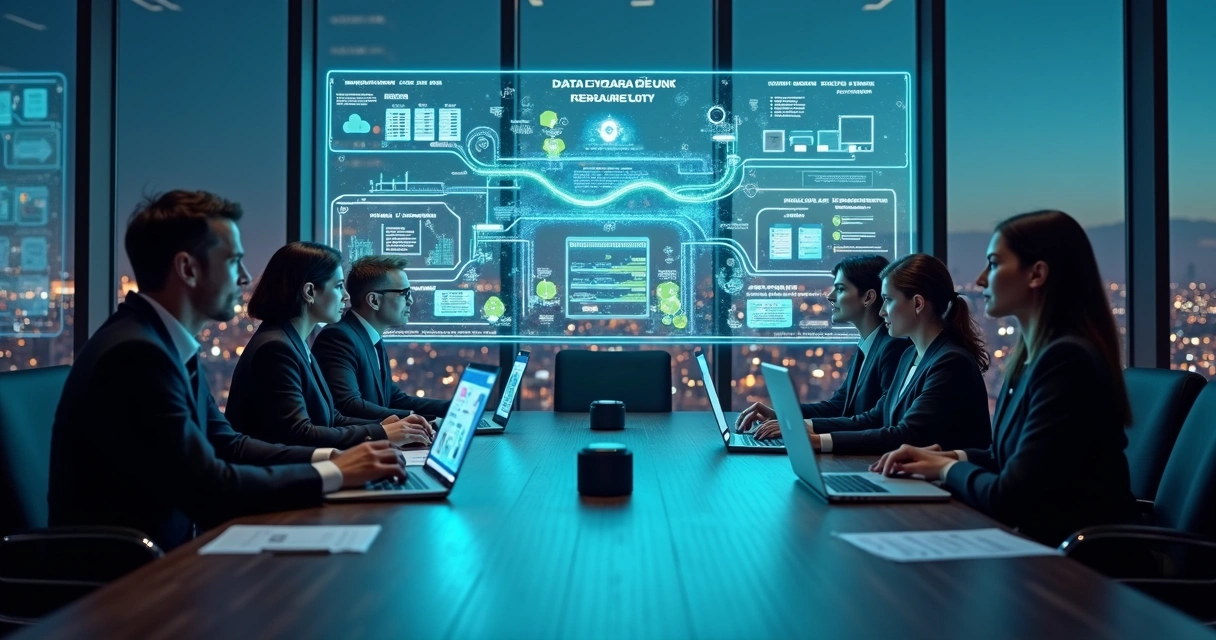Business team reviewing a futuristic data dashboard for AI projects 