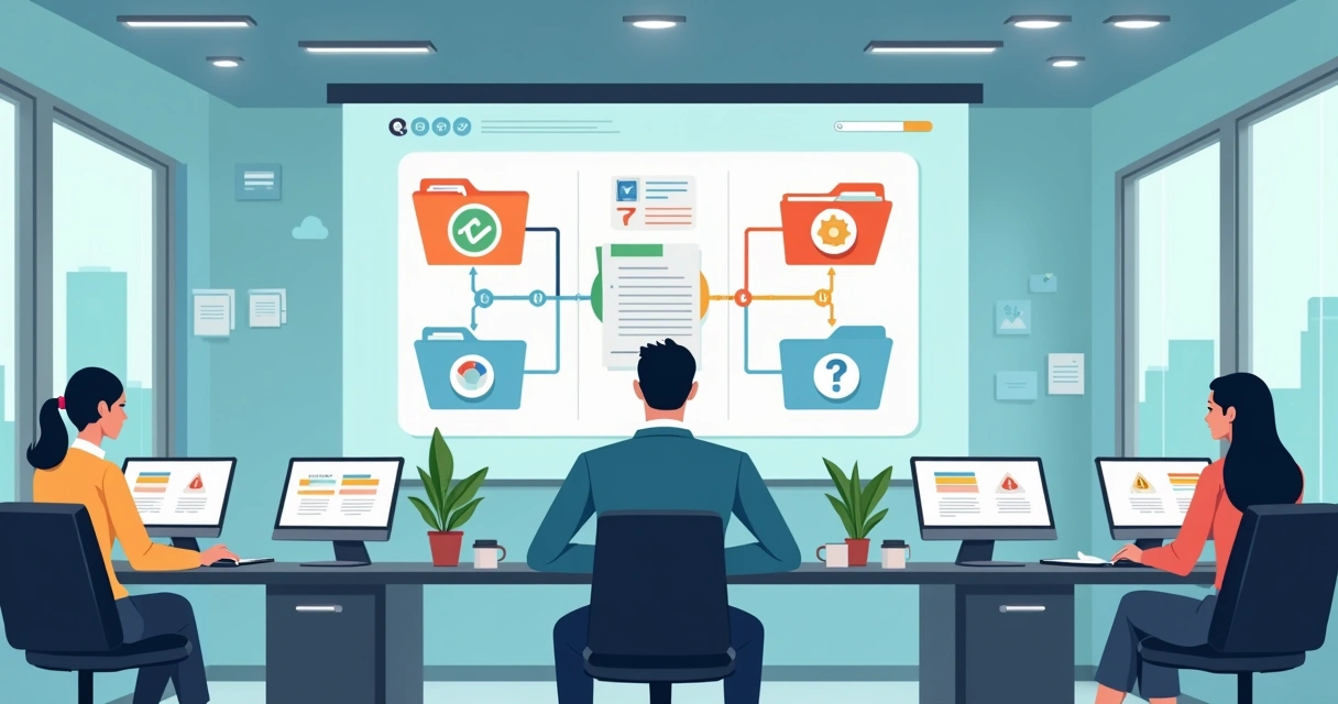 Businessperson using AI dashboard to organize files in office 