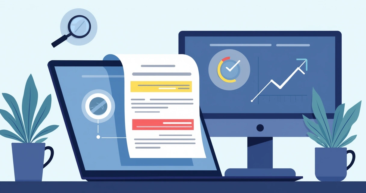 AI reviewing a contract document on a laptop screen, highlighting key clauses 