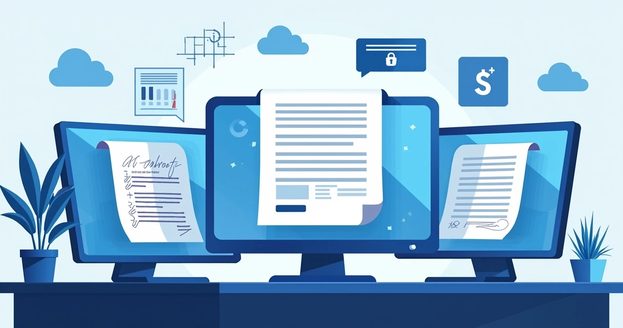 AI analyzing digital documents on multiple screens 