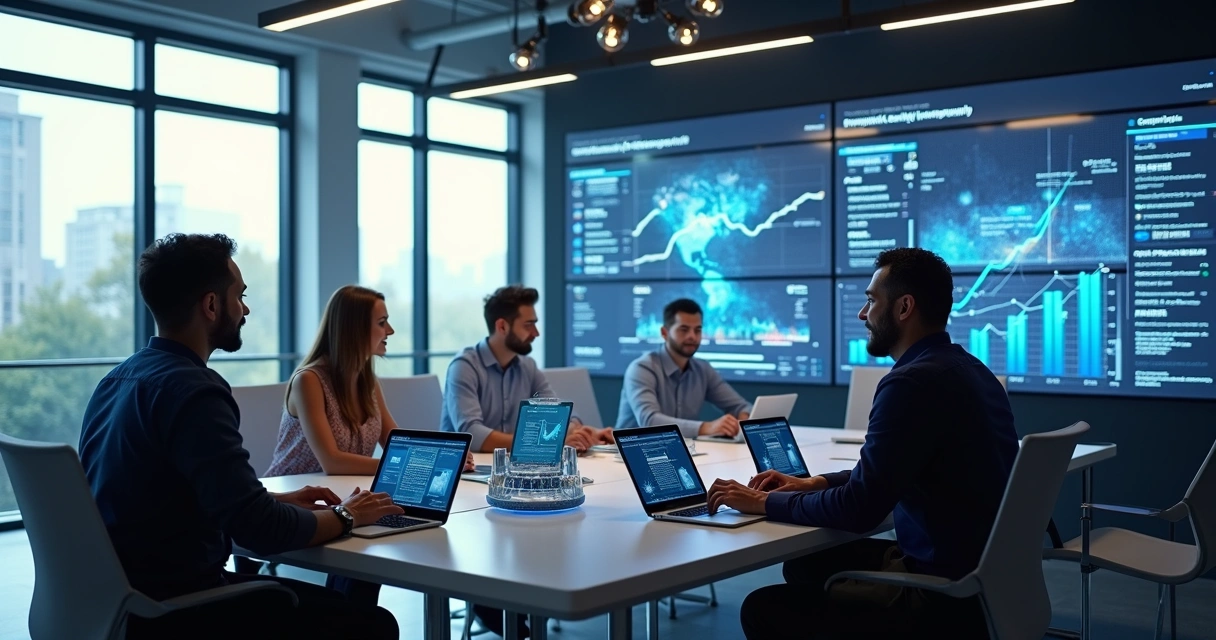 Marketing team using AI platform to create Meta Ads on multiple high-resolution screens in modern office 