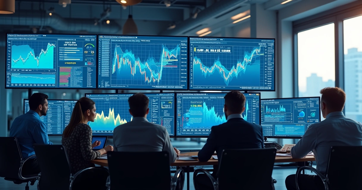Modern trading desk with real-time risk charts and AI-assisted strategy interface