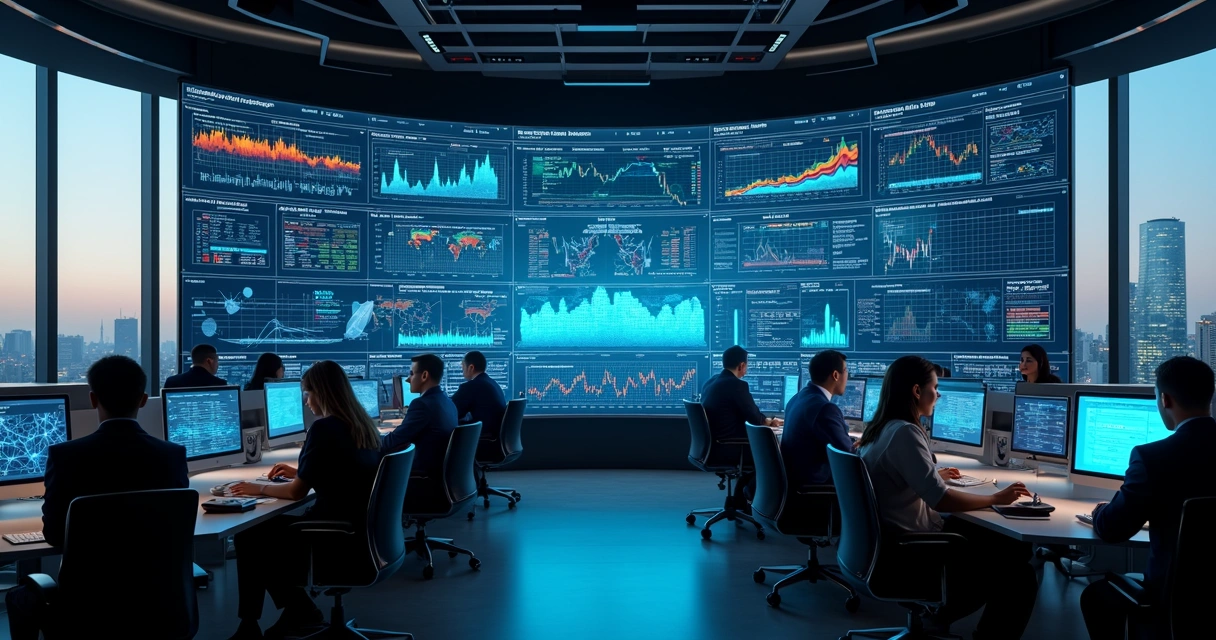 Futuristic risk management dashboard with AI analytics in a corporate trading room 