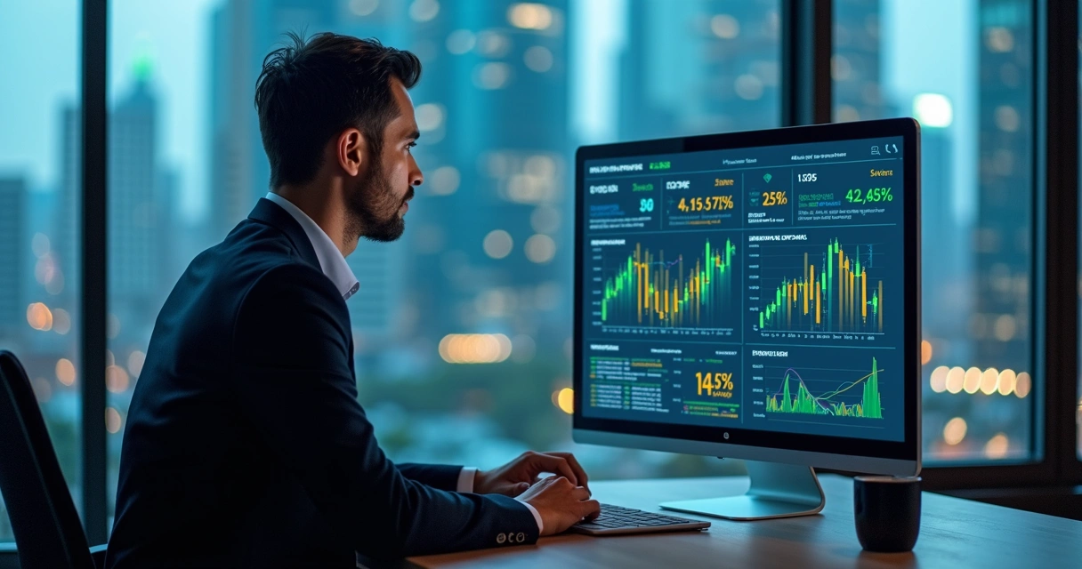 Finance manager overseeing digital treasury dashboard with graphs 