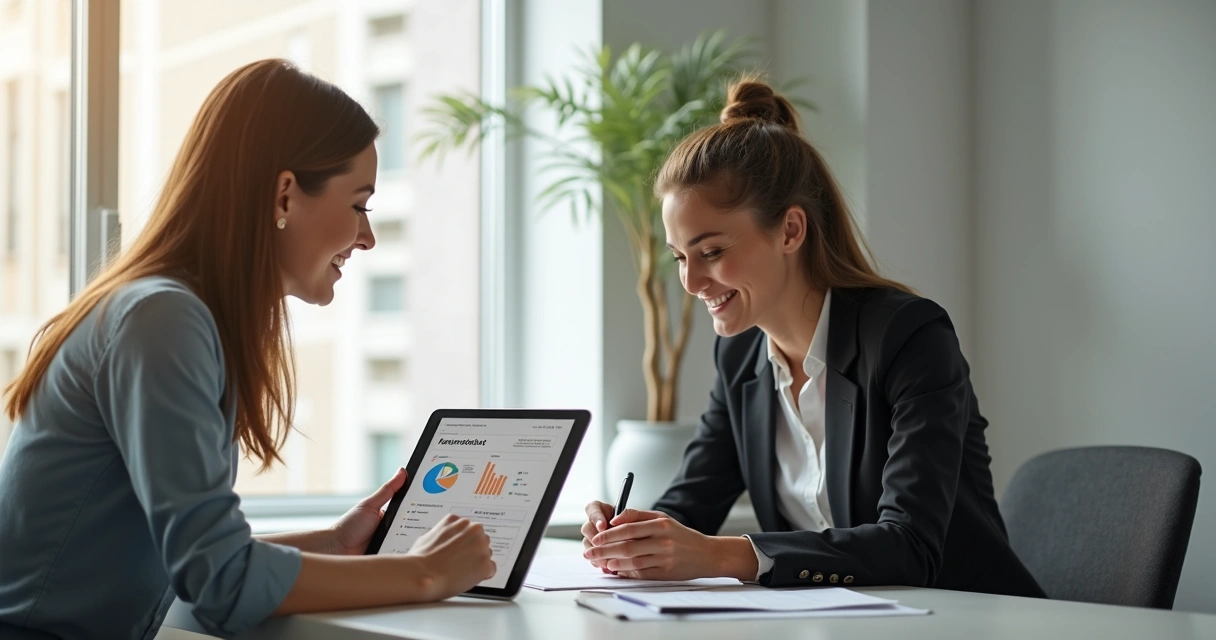 Recruiter and candidate discussing AI-generated feedback on tablet